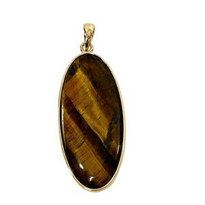 Tiger’s Eye Natural Stone Pendant Handmade Oval Shiny Gold Tone Setting & Bail